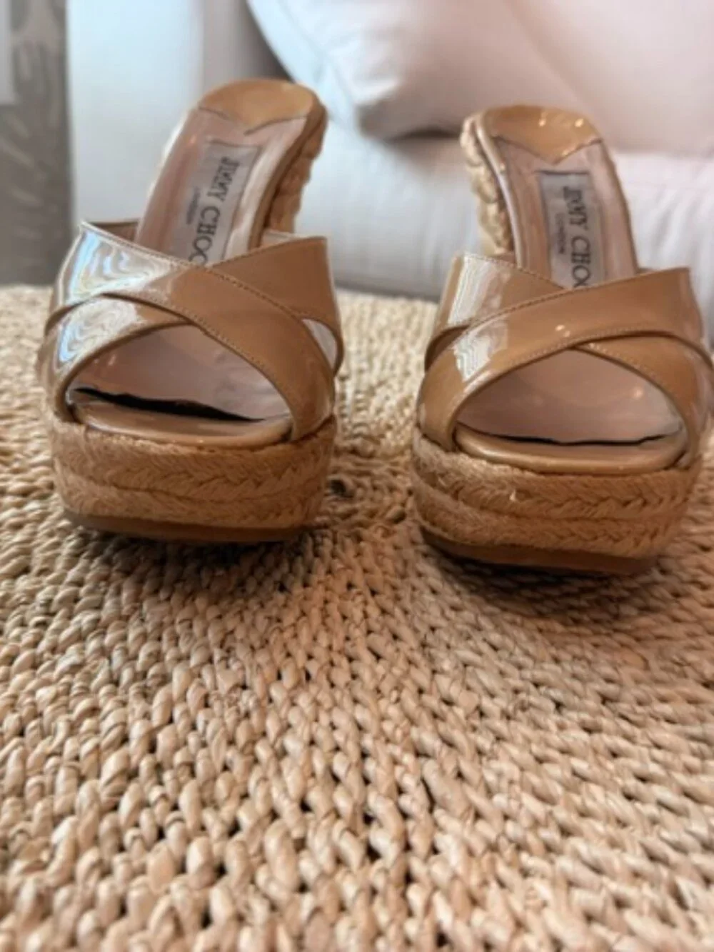 Jimmy Choo Tan Patent Leather Raffia Wedges, 35